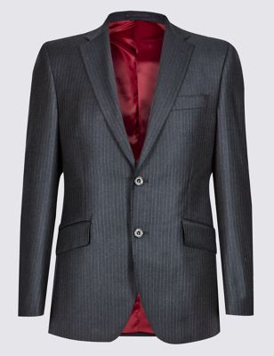 Charcoal Striped Tailored Fit 2 Button Jacket